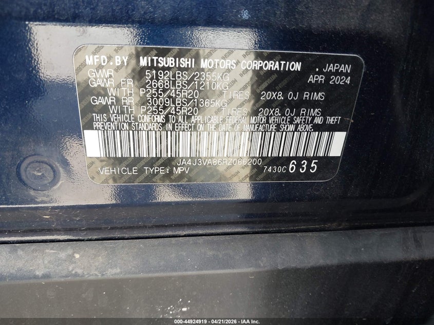 2024 Mitsubishi Outlander VIN JA4J3VA86RZ066200 IAAI salvage auction — FRONT END, Salvage (Georgia), sold $5,200 on 2026-08-02 (photo 9)