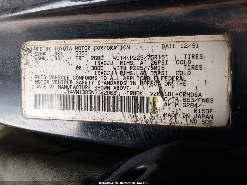 1992 Toyota Pickup VIN JT4VN13D5N5082068 IAAI salvage auction — WATER/FLOOD, Salvage (Hawaii), sold $100 on 2026-07-21 (photo 9)