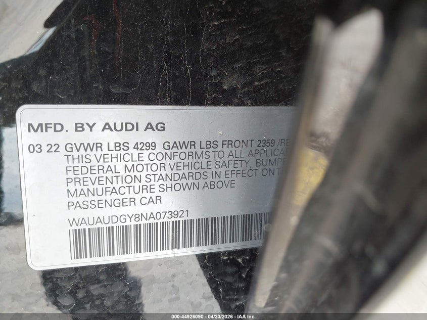 2022 Audi A3 VIN WAUAUDGY8NA073921 IAAI salvage auction — FRONT & REAR, Salvage (Texas), sold $1,000 on 2026-07-20 (photo 9)