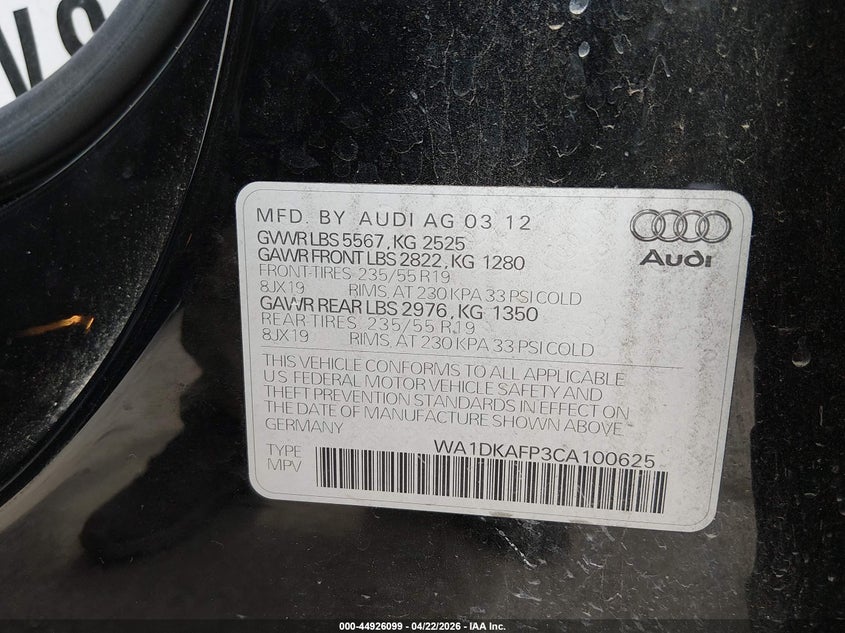 2012 Audi Q5 VIN WA1DKAFP3CA100625 IAAI salvage auction — LEFT FRONT, Original (Texas), sold $1,850 on 2026-07-21 (photo 9)