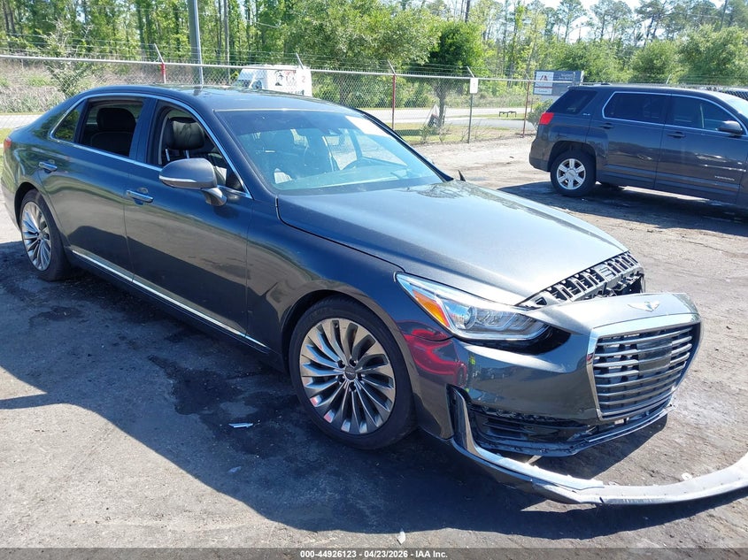 2018 Genesis G90 VIN KMHG54JH4JU043841 IAAI salvage auction — FRONT & REAR, Rebuildable (Florida), sold $325 on 2026-07-14 (photo 1)