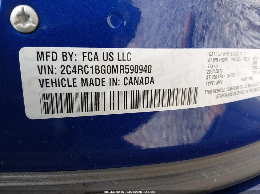 2021 Chrysler Pacifica VIN 2C4RC1BG0MR590940 IAAI salvage auction — FRONT & REAR, Salvage (Kentucky), sold $3,850 on 2026-07-10 (photo 9)