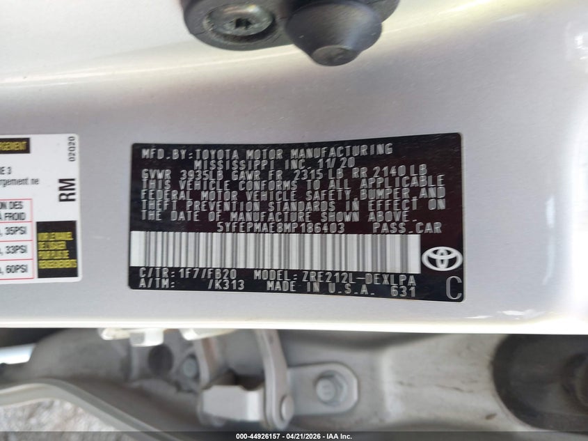 2021 Toyota Corolla VIN 5YFEPMAE8MP186403 IAAI salvage auction — RIGHT SIDE, Salvage (Alabama), sold $3,150 on 2026-07-08 (photo 9)