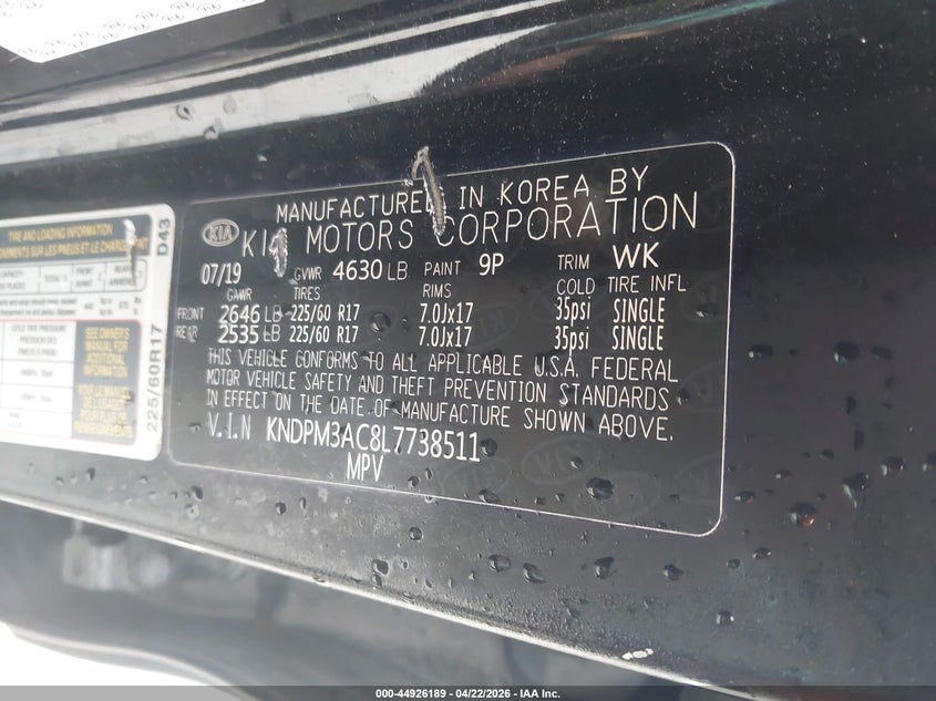 2020 Kia Sportage VIN KNDPM3AC8L7738511 IAAI salvage auction — RIGHT REAR, Nrc Lienholder Repossession Paperwork (Texas), sold $5,250 on 2026-07-14 (photo 9)