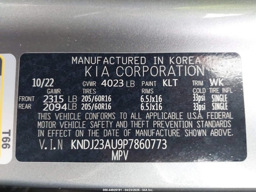 2023 Kia Soul VIN KNDJ23AU9P7860773 IAAI salvage auction — FRONT END, Original (Texas), sold $3,525 on 2026-07-07 (photo 9)