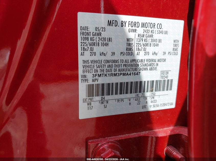 2023 Ford Mustang mach-e VIN 3FMTK1RM3PMA41647 IAAI salvage auction — FRONT & REAR, Salvage (Texas), sold $7,400 on 2026-08-24 (photo 9)