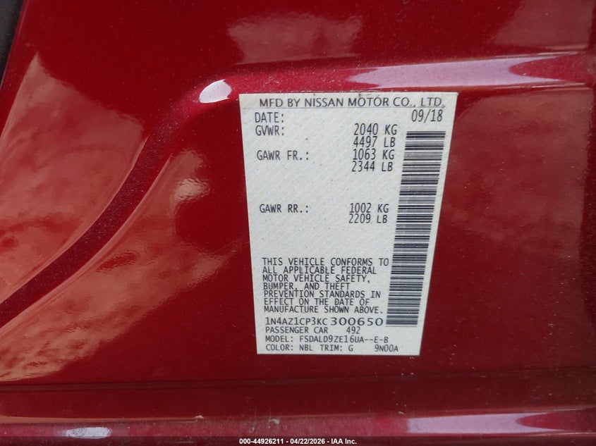 2019 Nissan Leaf VIN 1N4AZ1CP3KC300650 IAAI salvage auction — LEFT FRONT, Salvage (Georgia), sold $2,950 on 2026-07-09 (photo 9)