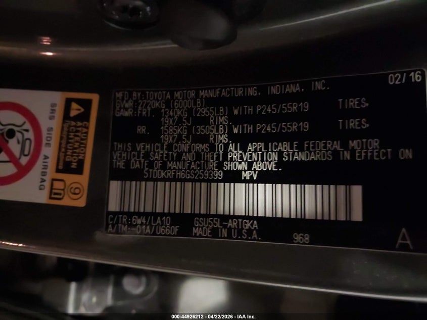 2016 Toyota Highlander VIN 5TDDKRFH6GS259399 IAAI salvage auction — REAR END, Salvage (Minnesota), sold $6,000 on 2026-07-22 (photo 9)