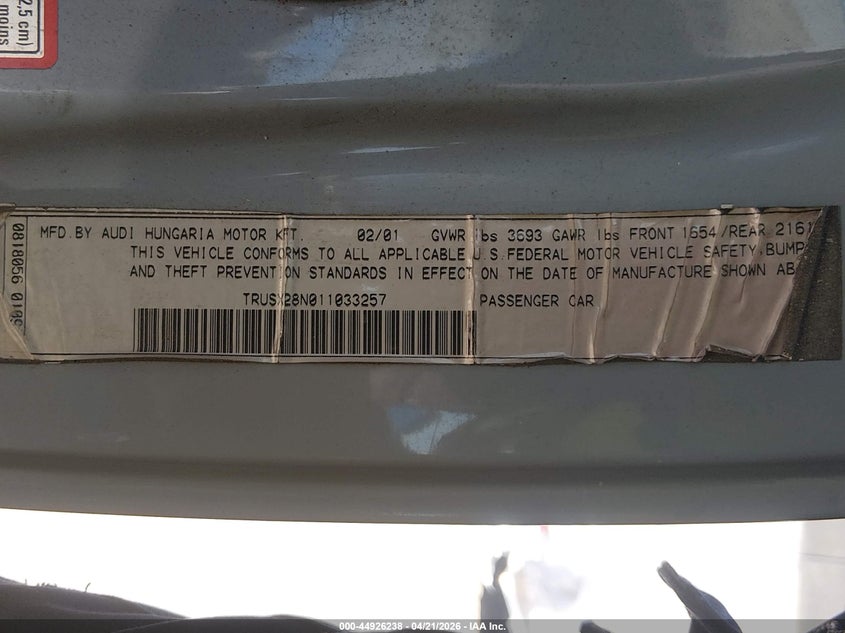 2001 Audi Tt VIN TRUSX28N011033257 IAAI salvage auction — REAR END, Salvage (California), sold $925 on 2026-07-06 (photo 9)