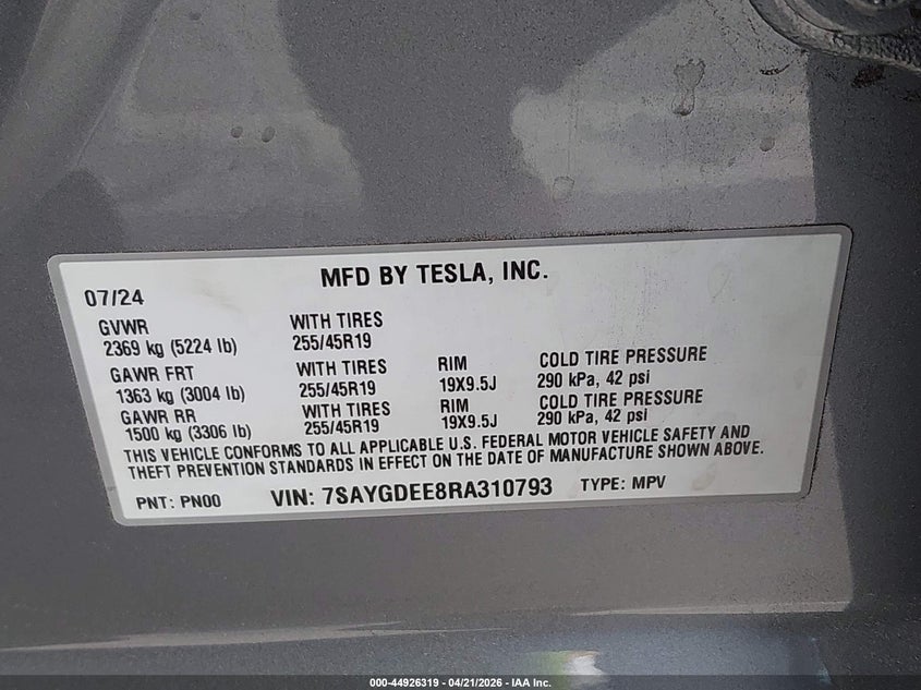 2024 Tesla Model y VIN 7SAYGDEE8RA310793 IAAI salvage auction — LEFT SIDE, Salvage Title, sold $12,300 on 2026-07-08 (photo 9)