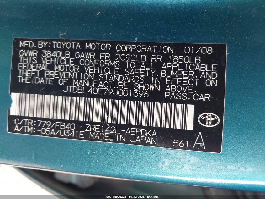 2009 Toyota Corolla VIN JTDBL40E79J001396 IAAI salvage auction — REAR END, Salvage (Texas), sold $975 on 2026-07-30 (photo 9)