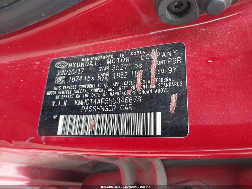 2017 Hyundai Accent VIN KMHCT4AE5HU346678 IAAI salvage auction — ROLLOVER, Salvage (Texas), sold $375 on 2026-07-21 (photo 9)