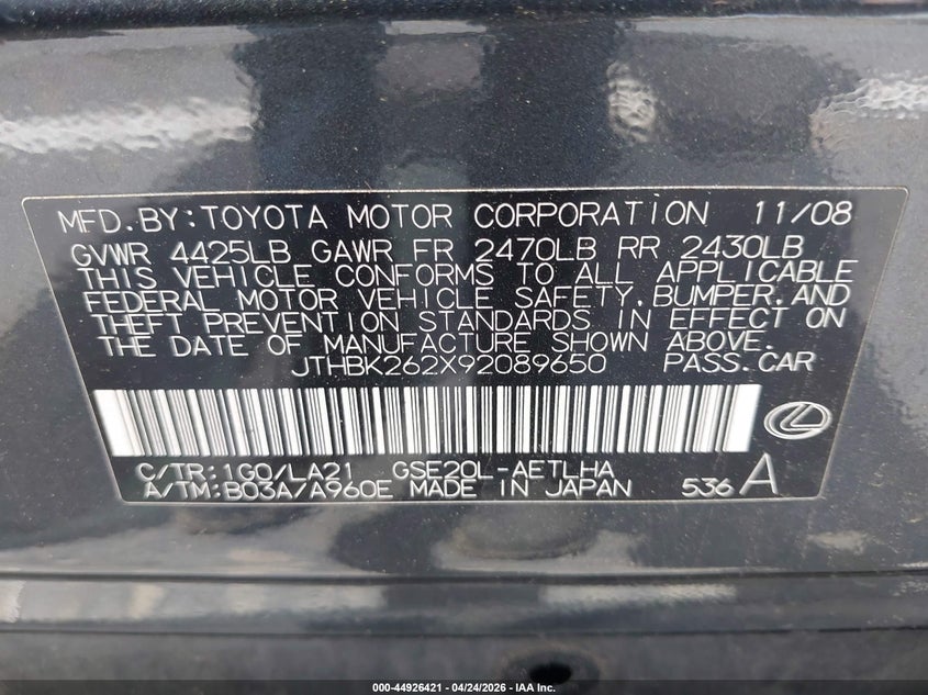 2009 Lexus Is 250 VIN JTHBK262X92089650 IAAI salvage auction — LEFT FRONT, Salvage (California), sold $975 on 2026-07-15 (photo 9)