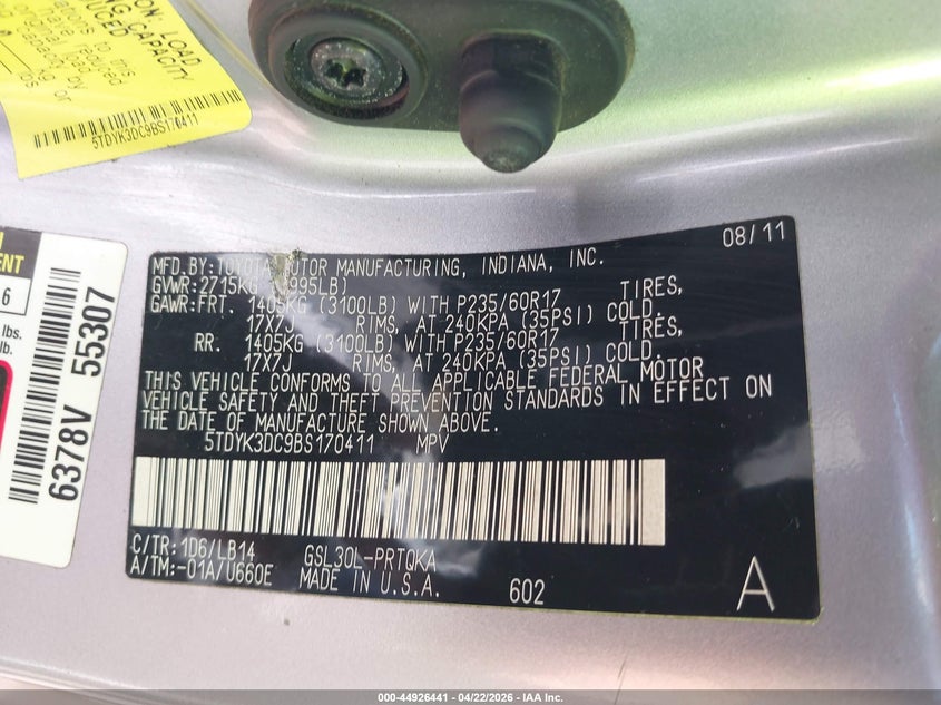 2011 Toyota Sienna VIN 5TDYK3DC9BS170411 IAAI salvage auction — FRONT END, Salvage (Hawaii), sold $100 on 2026-07-28 (photo 9)