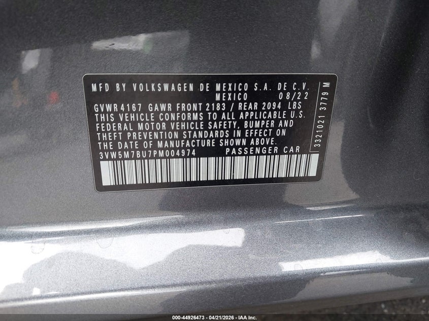 2023 Volkswagen Jetta VIN 3VW5M7BU7PM004974 IAAI salvage auction — RIGHT SIDE, Salvage (California), sold $5,350 on 2026-07-09 (photo 9)