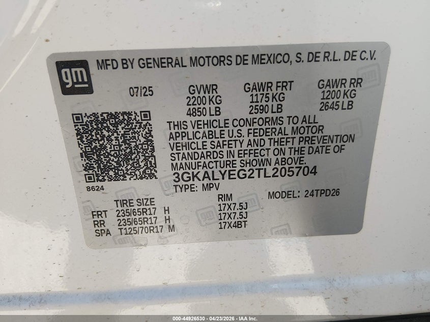 2026 Gmc Terrain VIN 3GKALYEG2TL205704 IAAI salvage auction — REAR END, Salvage (Colorado), sold $7,750 on 2026-08-31 (photo 9)