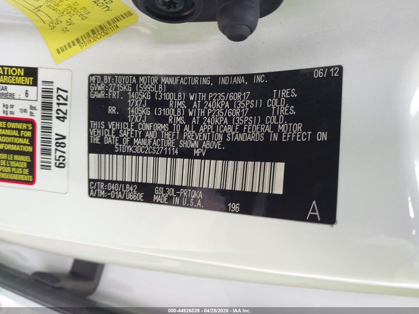 2012 Toyota Sienna VIN 5TDYK3DC2CS271114 IAAI salvage auction — NORMAL WEAR, Salvage Title, sold $4,975 on 2026-07-13 (photo 9)