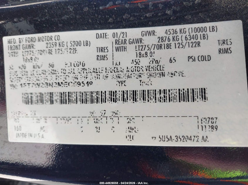 2021 Ford F250 VIN 1FT7W2BN2MEC59549 IAAI salvage auction — FRONT END, Original (Texas), sold $13,750 on 2026-07-09 (photo 9)
