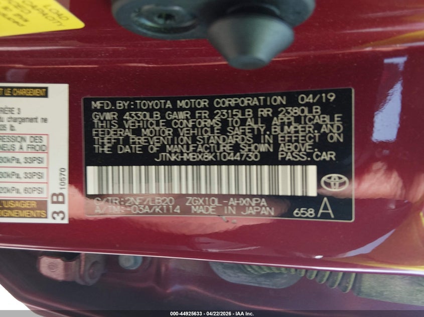 2019 Toyota C-hr VIN JTNKHMBX8K1044730 IAAI salvage auction — RIGHT SIDE, Salvage (Louisiana), sold $6,500 on 2026-07-28 (photo 9)