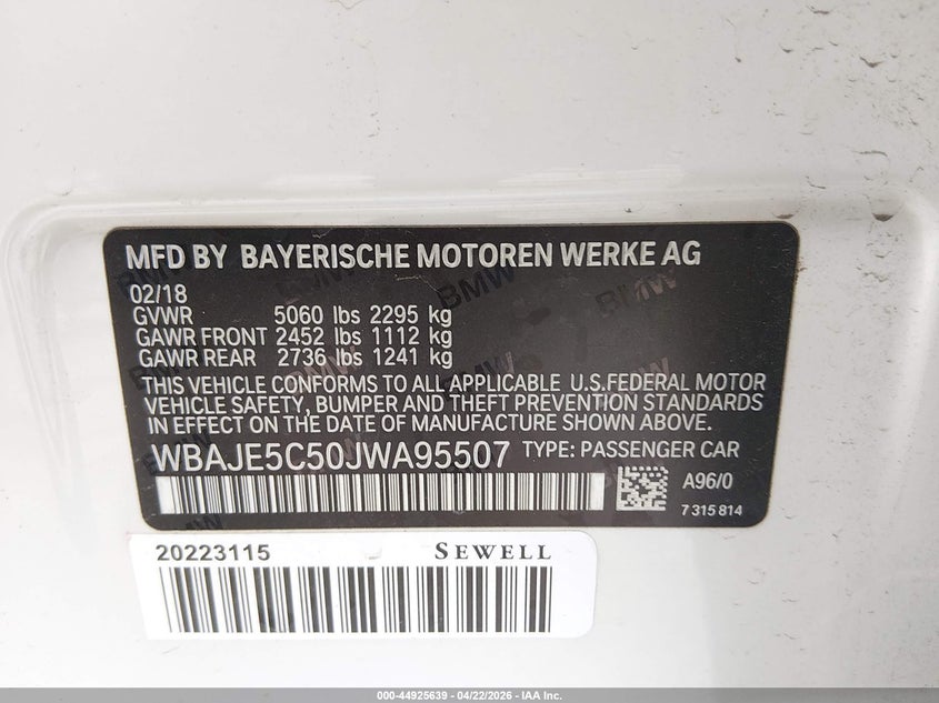 2018 BMW 5er VIN WBAJE5C50JWA95507 IAAI salvage auction — LEFT FRONT, Original (Texas), sold $8,300 on 2026-07-28 (photo 9)