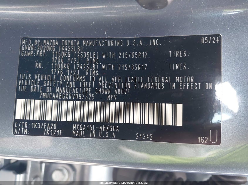 2024 Toyota Corolla cross VIN 7MUCAABGXRV097525 IAAI salvage auction — SIDE, Salvage Title, sold $9,200 on 2026-07-28 (photo 9)