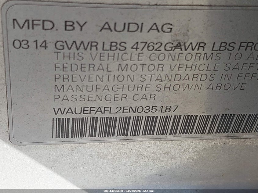 2014 Audi A4 VIN WAUEFAFL2EN035187 IAAI salvage auction — LEFT REAR, Salvage (North Carolina), sold $1,100 on 2026-07-06 (photo 9)