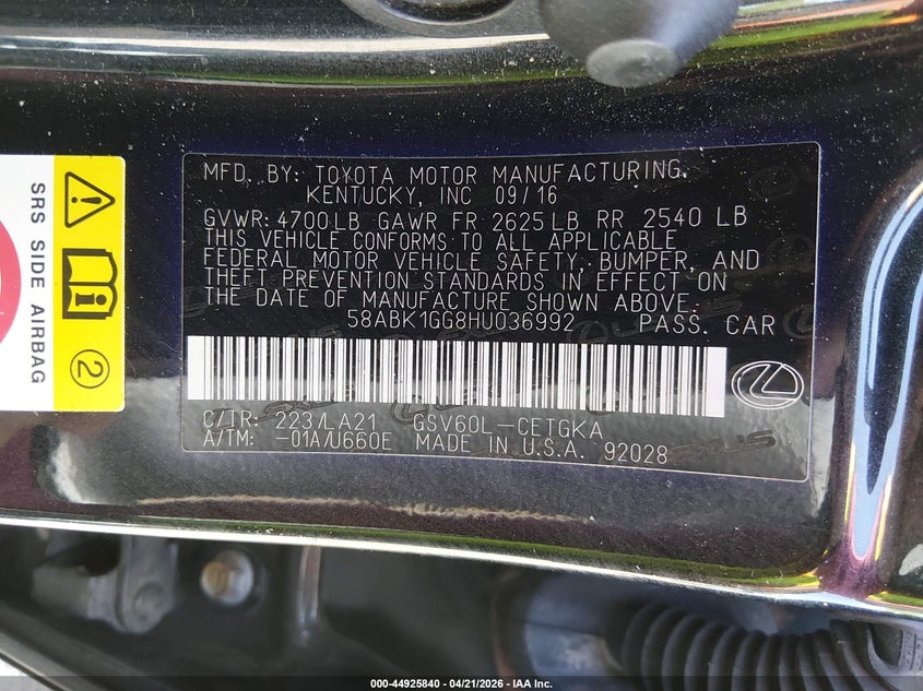 2017 Lexus ES VIN 58ABK1GG8HU036992 IAAI salvage auction — FRONT END, Salvage (South Carolina), sold $4,800 on 2026-07-18 (photo 9)