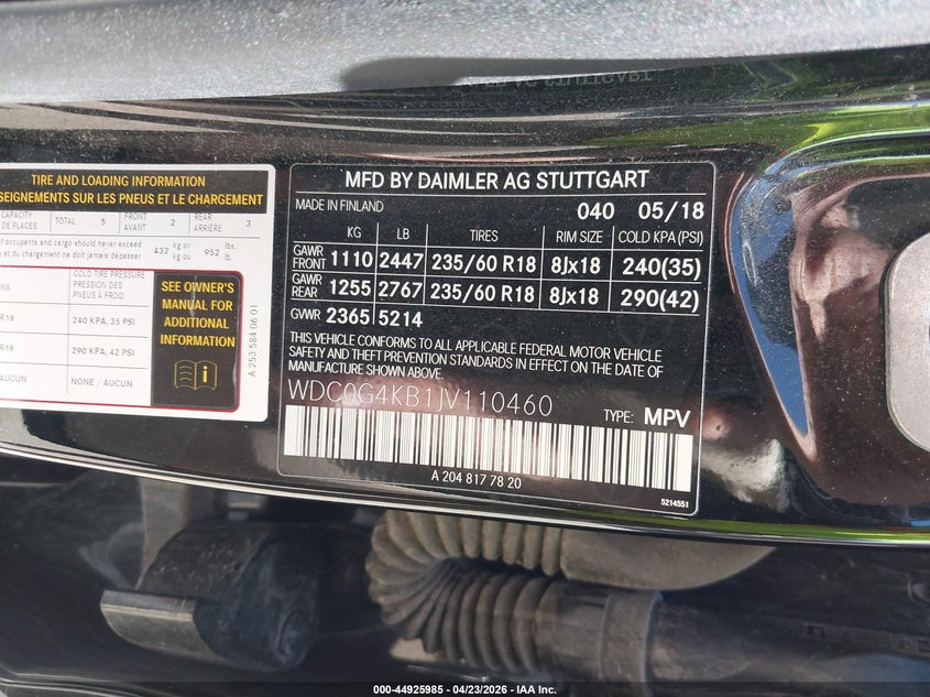 2018 Mercedes-benz Glc VIN WDC0G4KB1JV110460 IAAI salvage auction — FRONT END, Salvage (Vermont), sold $6,700 on 2026-08-08 (photo 9)