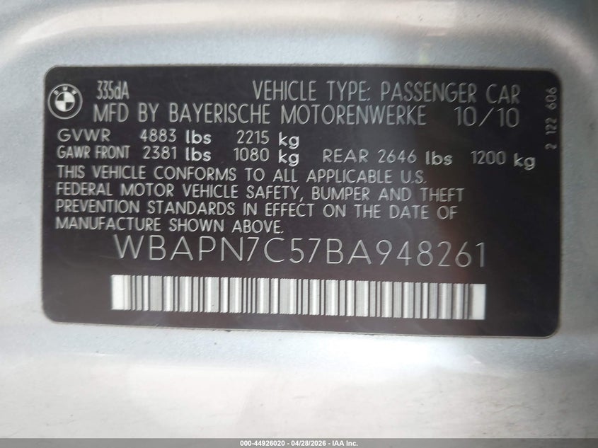 2011 BMW 3 series VIN WBAPN7C57BA948261 IAAI salvage auction — FRONT END, Original (Texas), sold $3,000 on 2026-07-08 (photo 9)