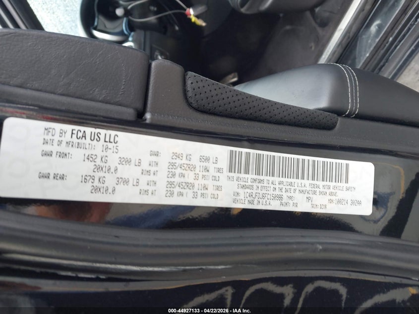 2015 Jeep Grand cherokee VIN 1C4RJFDJ6FC150986 IAAI salvage auction — THEFT, Salvage (California), sold $7,800 on 2026-08-03 (photo 9)