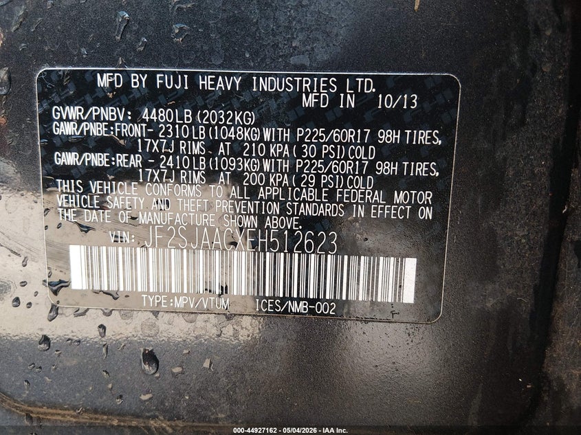 2014 Subaru Forester VIN JF2SJAACXEH512623 IAAI salvage auction — FRONT END, Clear (Hawaii), sold $100 on 2026-07-28 (photo 9)