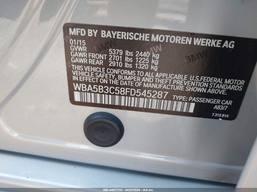 2015 BMW 5er VIN WBA5B3C58FD545287 IAAI salvage auction — SIDE, Clear (Michigan), sold $1,550 on 2026-07-20 (photo 9)