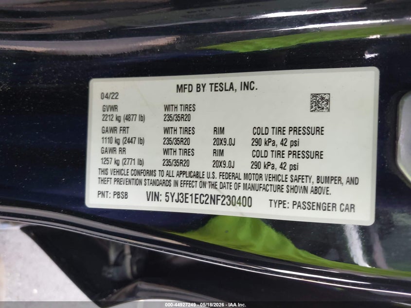 2022 Tesla Model 3 VIN 5YJ3E1EC2NF230400 IAAI salvage auction — REAR END, Salvage Certificate (California), sold $7,400 on 2026-08-21 (photo 9)