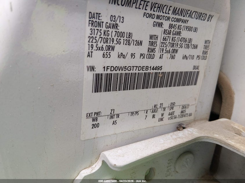 2013 Ford F-550 chassis VIN 1FD0W5GT7DEB14495 IAAI salvage auction — NORMAL WEAR, Clear (Texas), sold $325 on 2026-07-08 (photo 8)