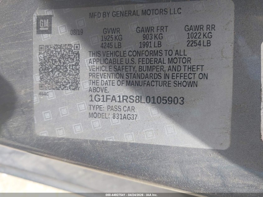 2020 Chevrolet Camaro VIN 1G1FA1RS8L0105903 IAAI salvage auction — FRONT END, Salvage Title, sold $3,200 on 2026-07-05 (photo 9)