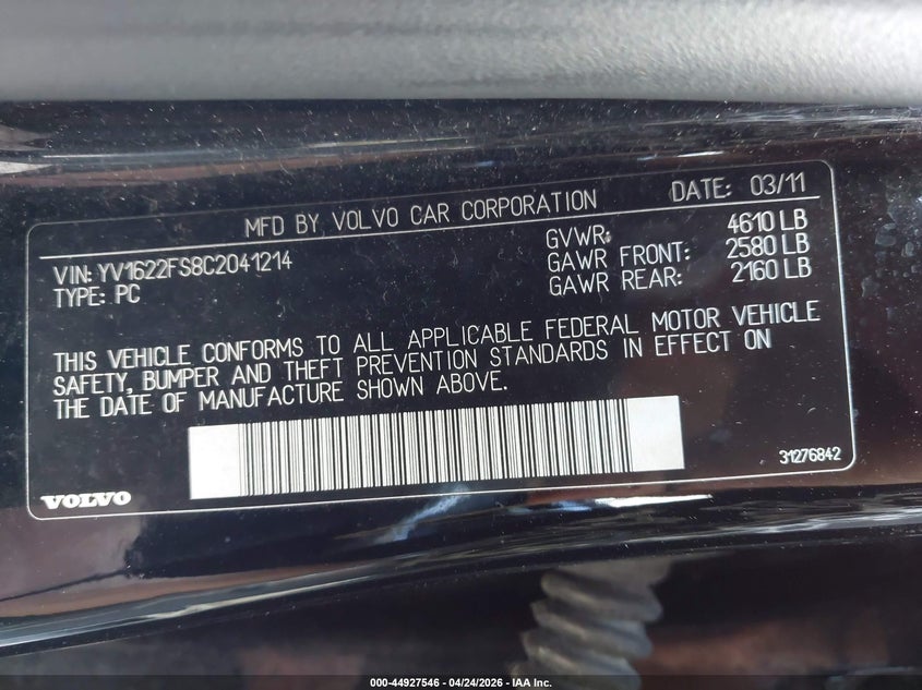 2012 Volvo S60 VIN YV1622FS8C2041214 IAAI salvage auction — LEFT & RIGHT, Salvage Title, sold $25 on 2026-08-11 (photo 9)