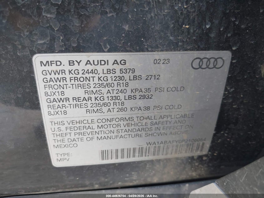 2023 Audi Q5 VIN WA1ABAFY0P2106054 IAAI salvage auction — LEFT REAR, Original (Texas), sold $12,750 on 2026-07-21 (photo 9)