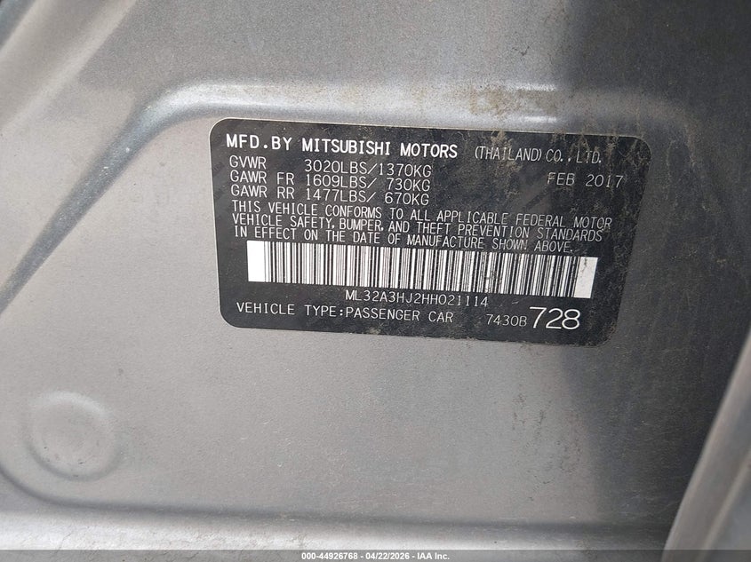 2017 Mitsubishi Mirage VIN ML32A3HJ2HH021114 IAAI salvage auction — RIGHT FRONT, Salvage Title, sold $725 on 2026-07-21 (photo 9)