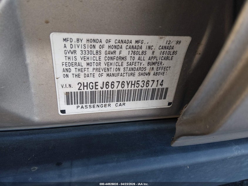 2000 Honda Civic VIN 2HGEJ6676YH536714 IAAI salvage auction — FRONT END, Salvage (California), sold $400 on 2026-07-09 (photo 9)