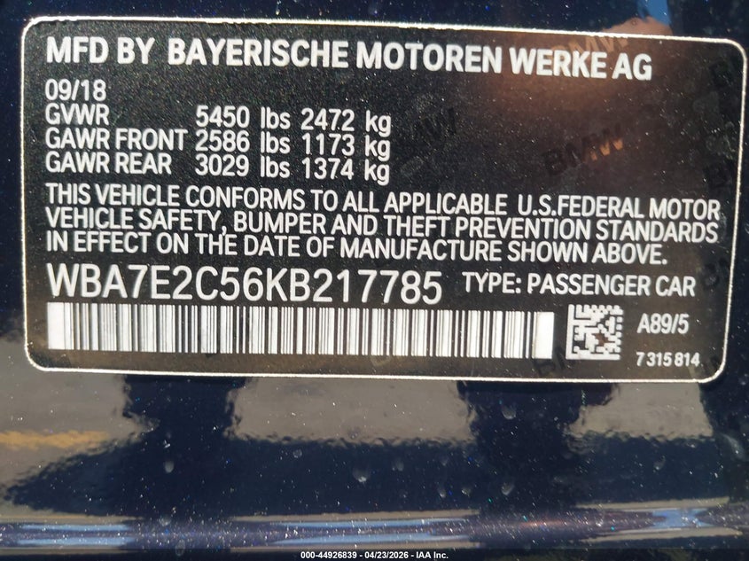 2019 BMW 7er VIN WBA7E2C56KB217785 IAAI salvage auction — FRONT END, Salvage Title, sold $11,100 on 2026-07-06 (photo 9)