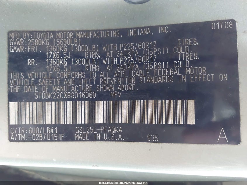 2008 Toyota Sienna VIN 5TDBK22CX8S016060 IAAI salvage auction — SIDE, Bill Of Sale (Hawaii), sold $25 on 2026-07-14 (photo 9)