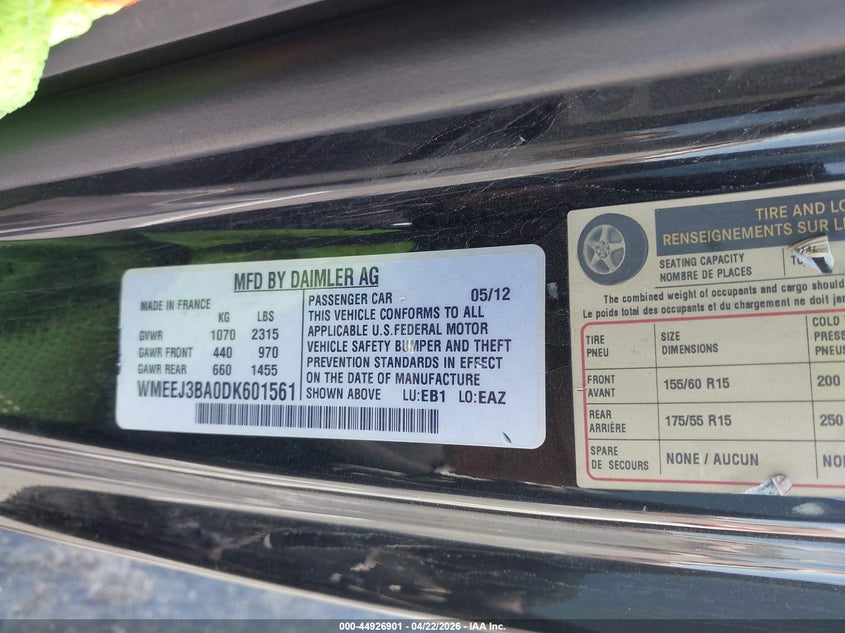 2013 Smart Fortwo VIN WMEEJ3BA0DK601561 IAAI salvage auction — FRONT END, Salvage (California), sold $850 on 2026-08-05 (photo 9)
