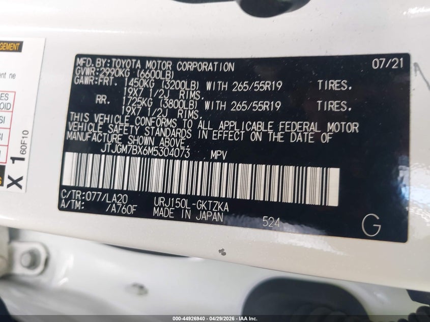 2021 Lexus Gx VIN JTJGM7BX6M5304073 IAAI salvage auction — FRONT END, Salvage Title, sold $23,000 on 2026-08-03 (photo 9)