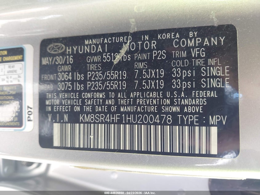 2017 Hyundai Santa fe VIN KM8SR4HF1HU200478 IAAI salvage auction — FRONT END, Clear (Florida), sold $1,100 on 2026-07-16 (photo 9)