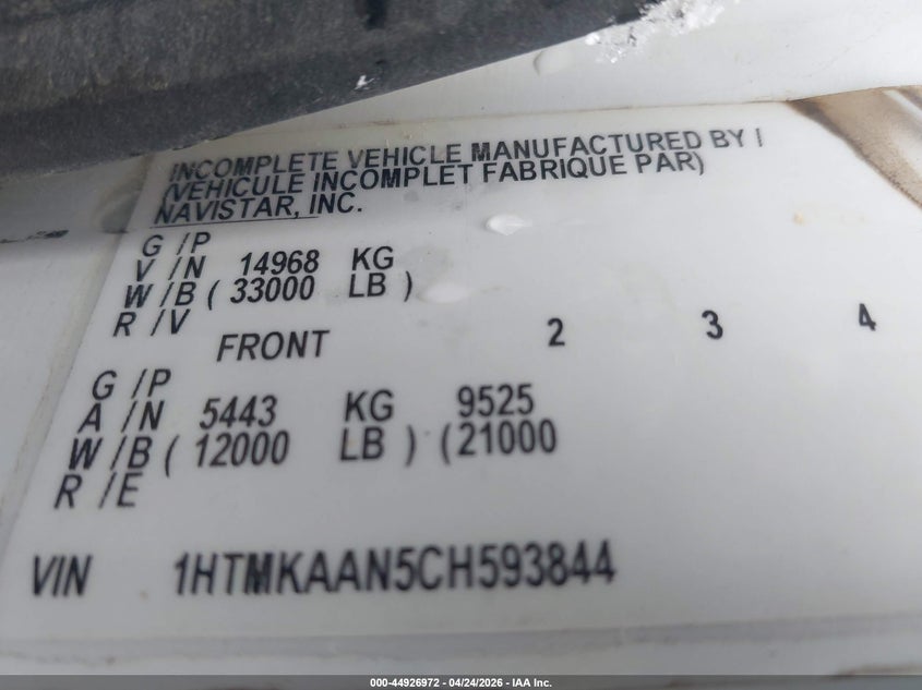 2012 International 4000 series VIN 1HTMKAAN5CH593844 IAAI salvage auction — ENGINE DAMAGE, Regular (South Dakota), sold $900 on 2026-07-08 (photo 8)