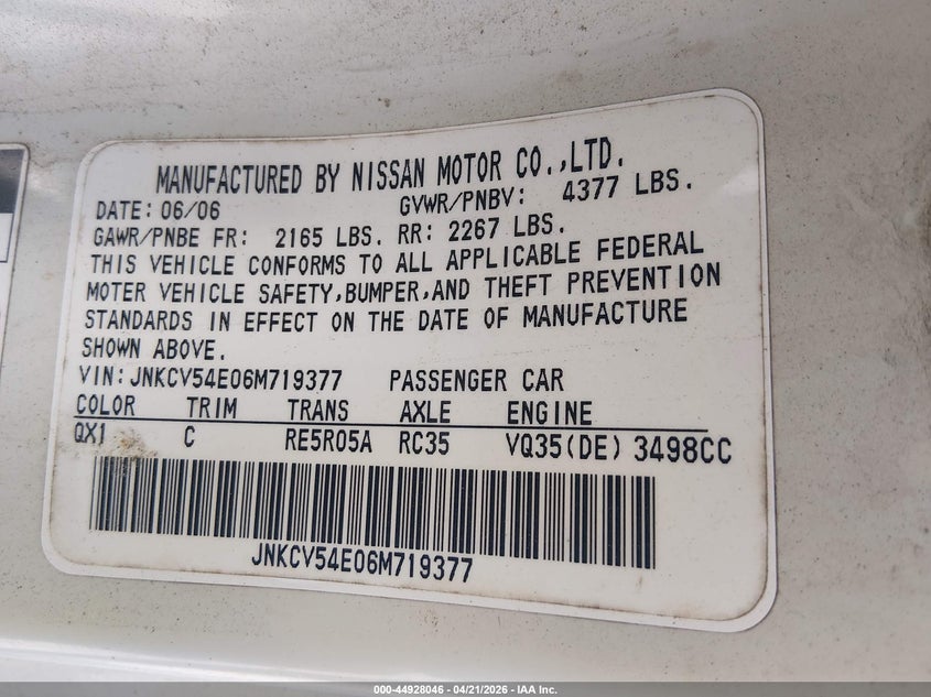 2006 Infiniti G35 VIN JNKCV54E06M719377 IAAI salvage auction — FRONT END, Salvage (Missouri), sold $300 on 2026-07-28 (photo 9)
