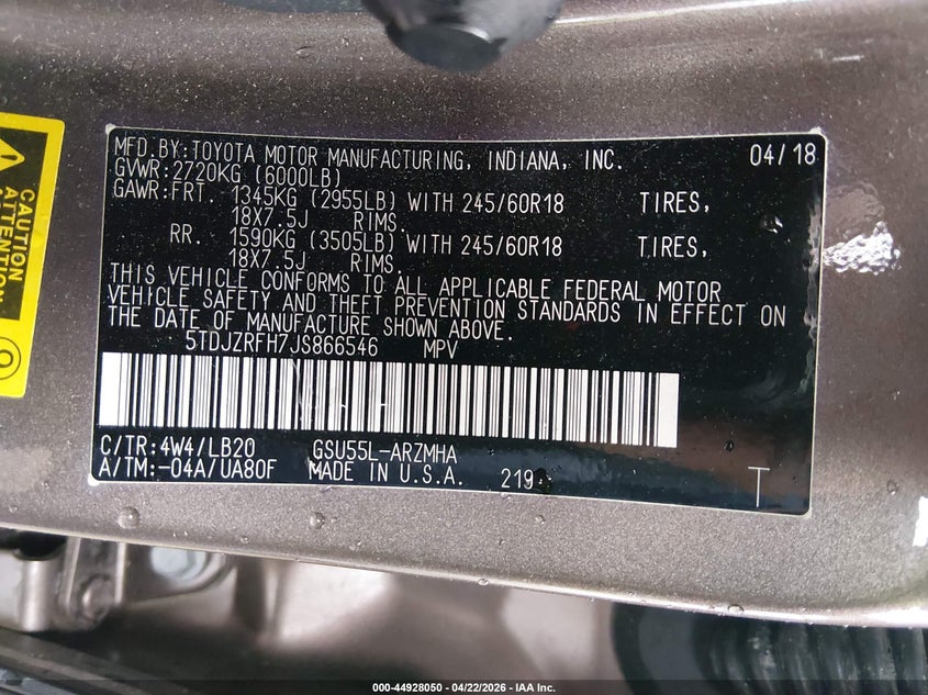 2018 Toyota Highlander VIN 5TDJZRFH7JS866546 IAAI salvage auction — FRONT END, Salvage (West Virginia), sold $5,950 on 2026-07-23 (photo 9)