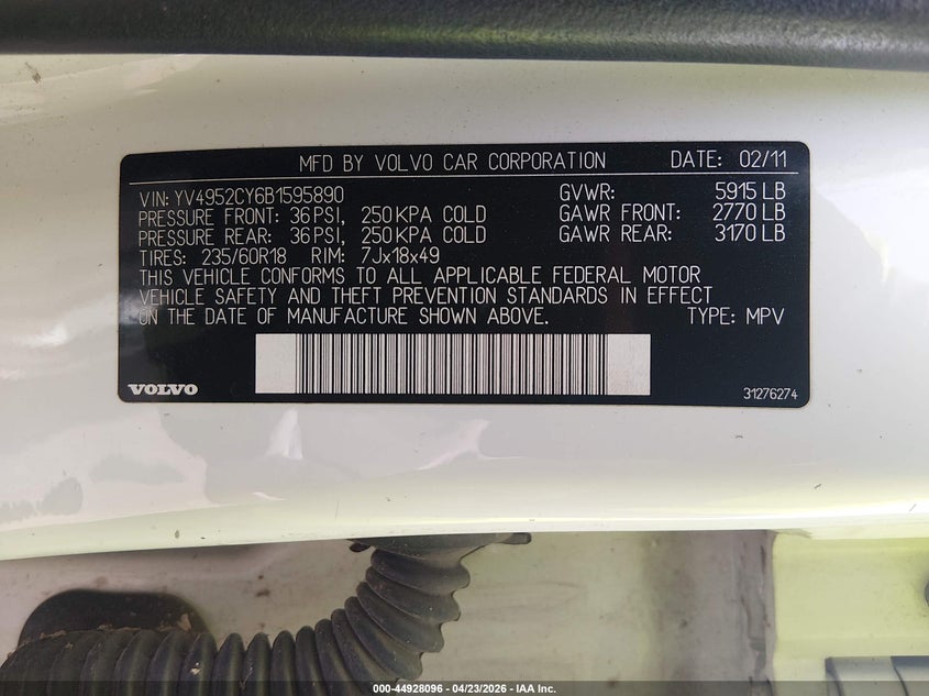 2011 Volvo Xc90 VIN YV4952CY6B1595890 IAAI salvage auction — SIDE, Salvage (Texas), sold $525 on 2026-07-27 (photo 9)