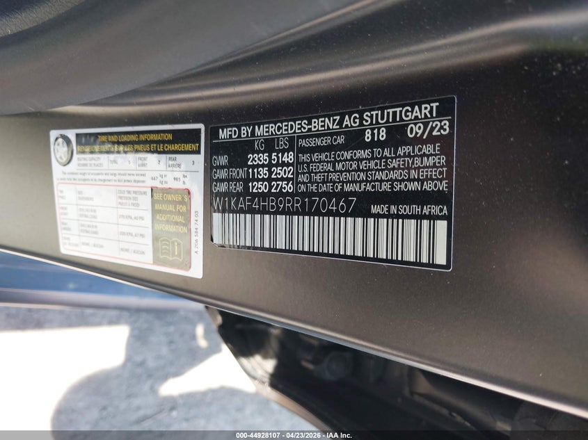 2024 Mercedes-benz C-klasse VIN W1KAF4HB9RR170467 IAAI salvage auction — FRONT END, Salvage Title, sold $6,000 on 2026-07-31 (photo 9)