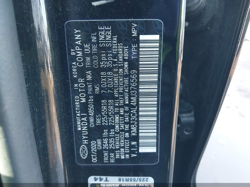 2021 Hyundai Tucson VIN KM8J3CAL4MU376569 IAAI salvage auction — FRONT END, Salvage Title, sold $4,700 on 2026-07-15 (photo 9)